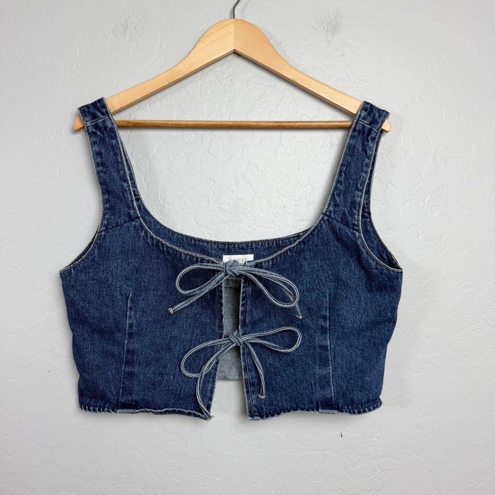 Meshki Denim Front Tie Crop Top Medium Wash Blue XXXL Sleeveless Square Neck